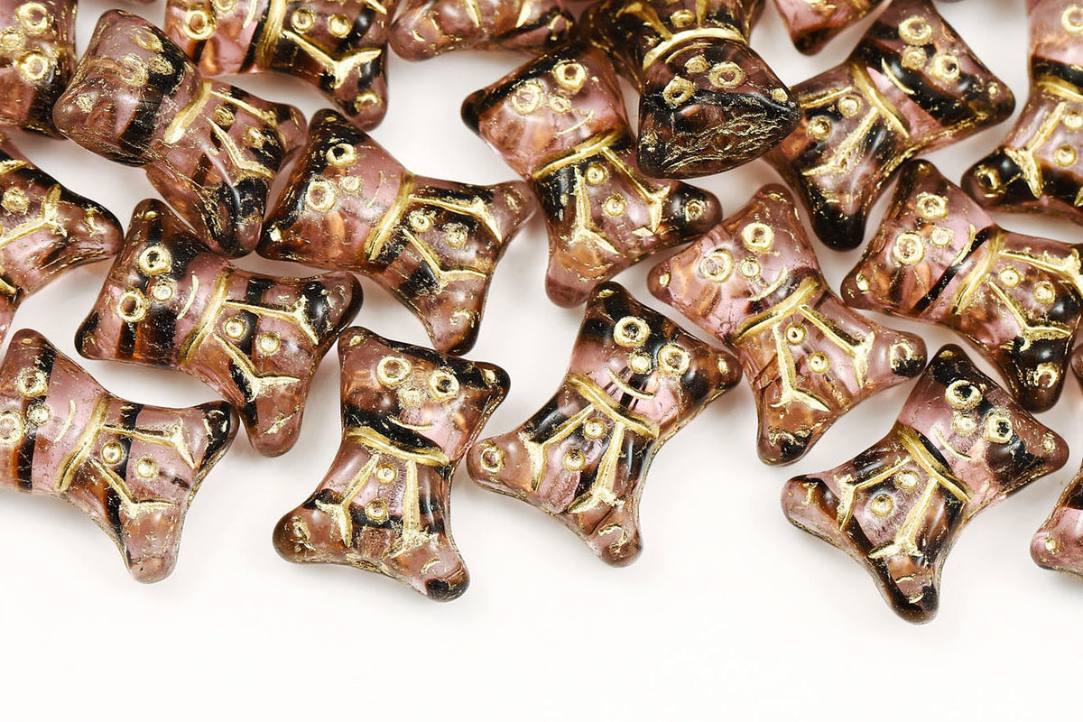 Teddy Bear 17×14mm Black Stripes On Pink With Gold 1-Hole Czech Beads