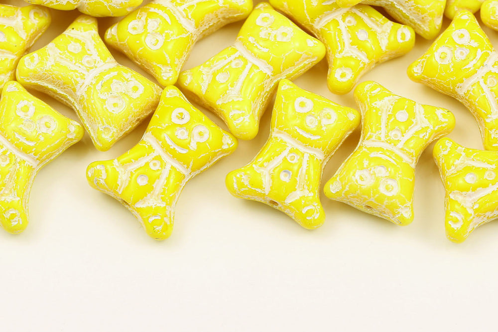 Teddy Bear 17×14mm Yellow With White 1-Hole Czech Bead