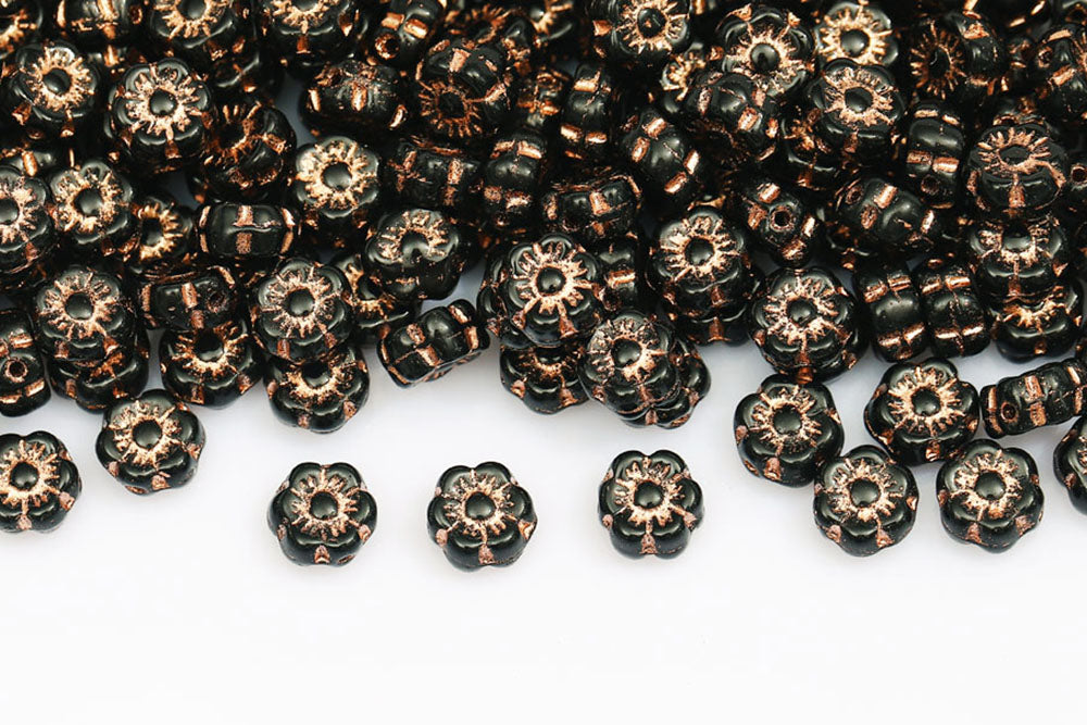 Hawaiian Flowers 6mm Black With Copper 1-Hole Czech Beads
