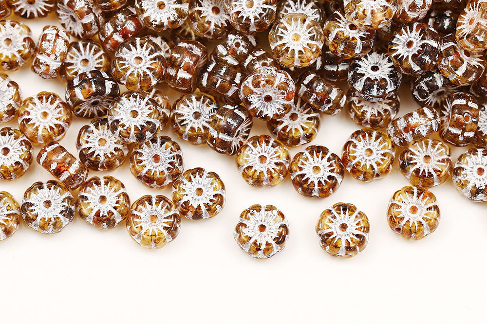 Hawaiian Flowers 8mm Crystal Travertine White 1-Hole Czech Beads