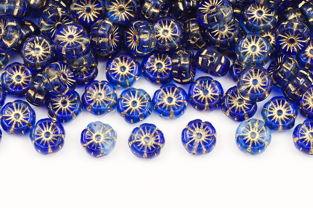Hawaiian Flowers 8mm Blue Mixed With Gold 1-Hole Czech Beads
