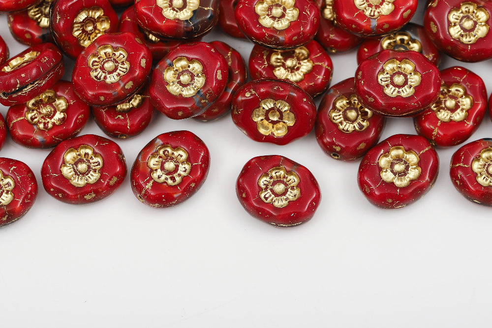 Flowers Oval 14×11mm Siam Jet Mixed With Gold 1-hole Czech Beads