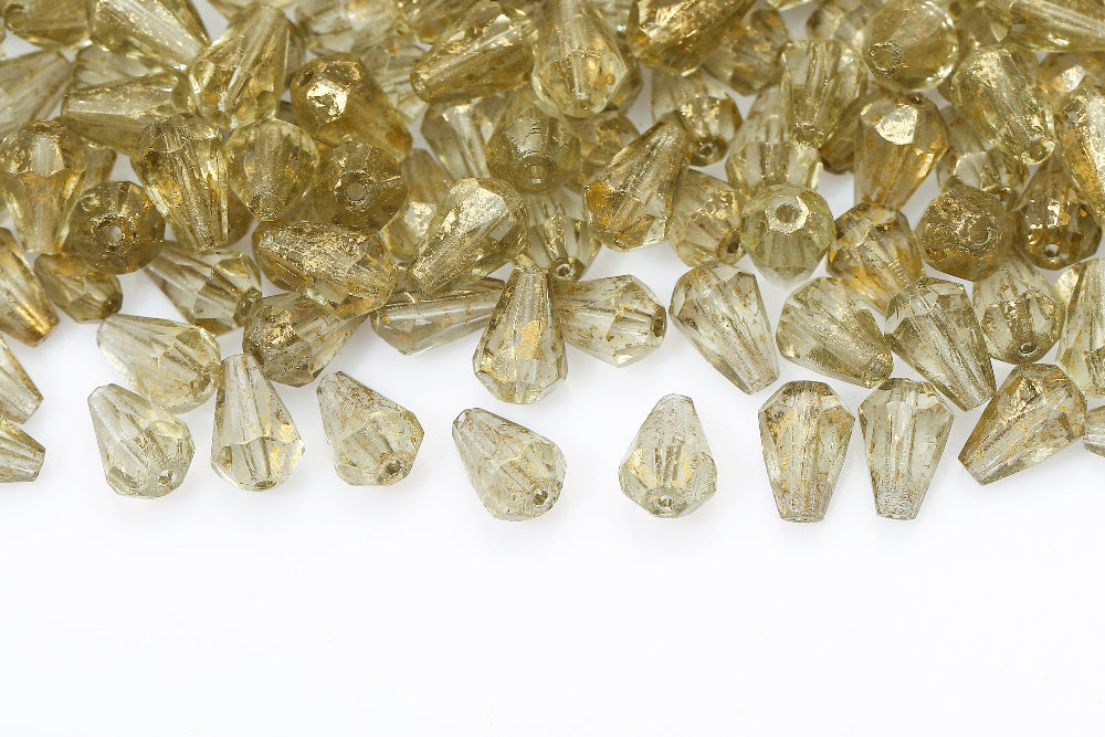 Firepolished Drop 10x7mm Lt.Black Diamond Gold Splash Czech Beads