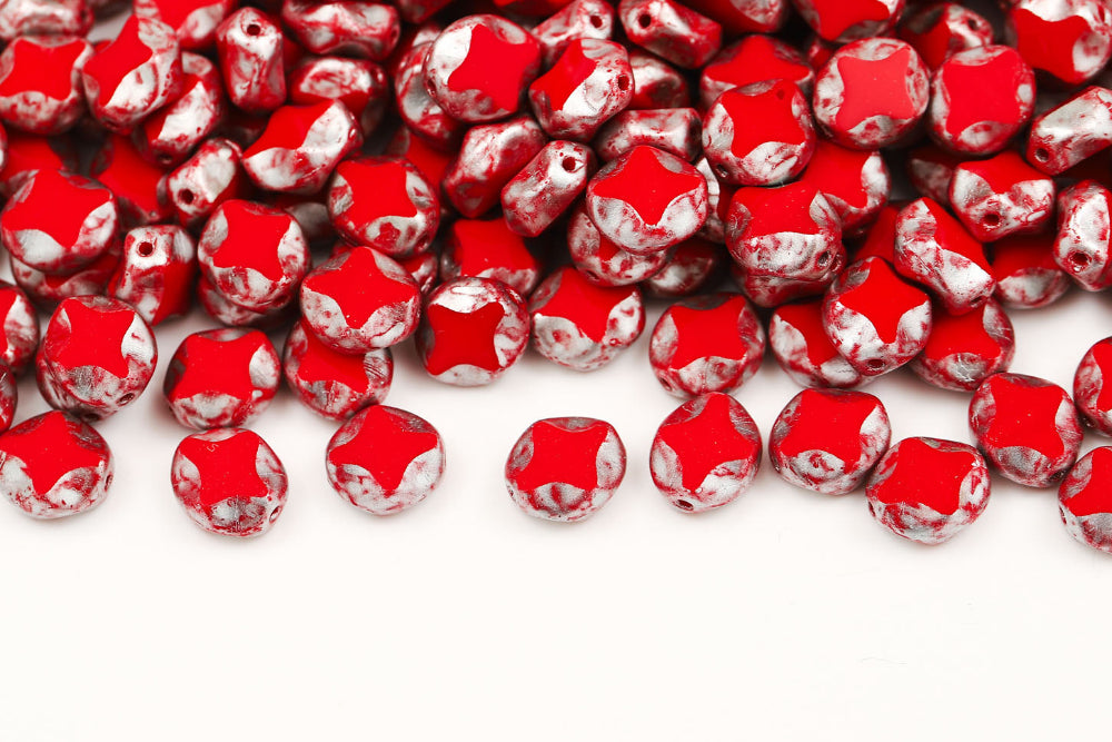 Star Oval 9×8mm Coral Red Silver Speckle 1-Hole Czech Beads