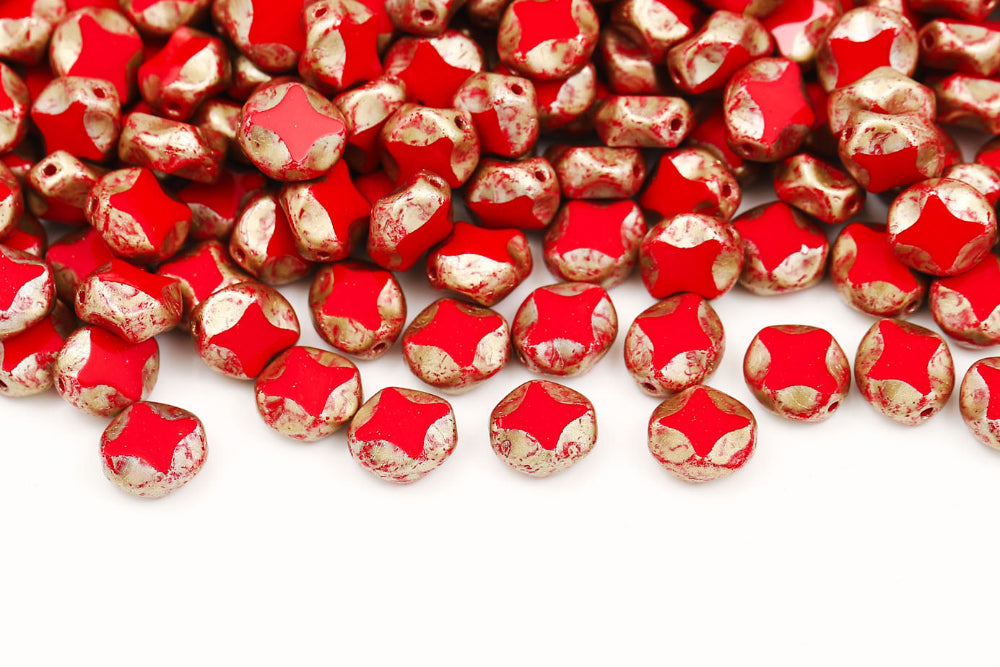 Star Oval 9×8mm Coral Red Gold Speckle 1-Hole Czech Beads