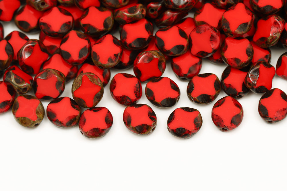 Star Oval 9×8mm Coral Red Travertin 1-Hole Czech Beads