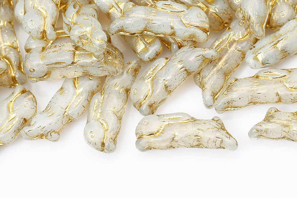Bunny 23×7mm Opal White With Gold 1-Hole Czech Beads