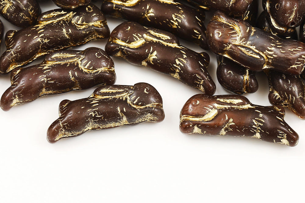 Bunny 23×7mm Opaque Toffee With Gold 1-Hole Czech Beads
