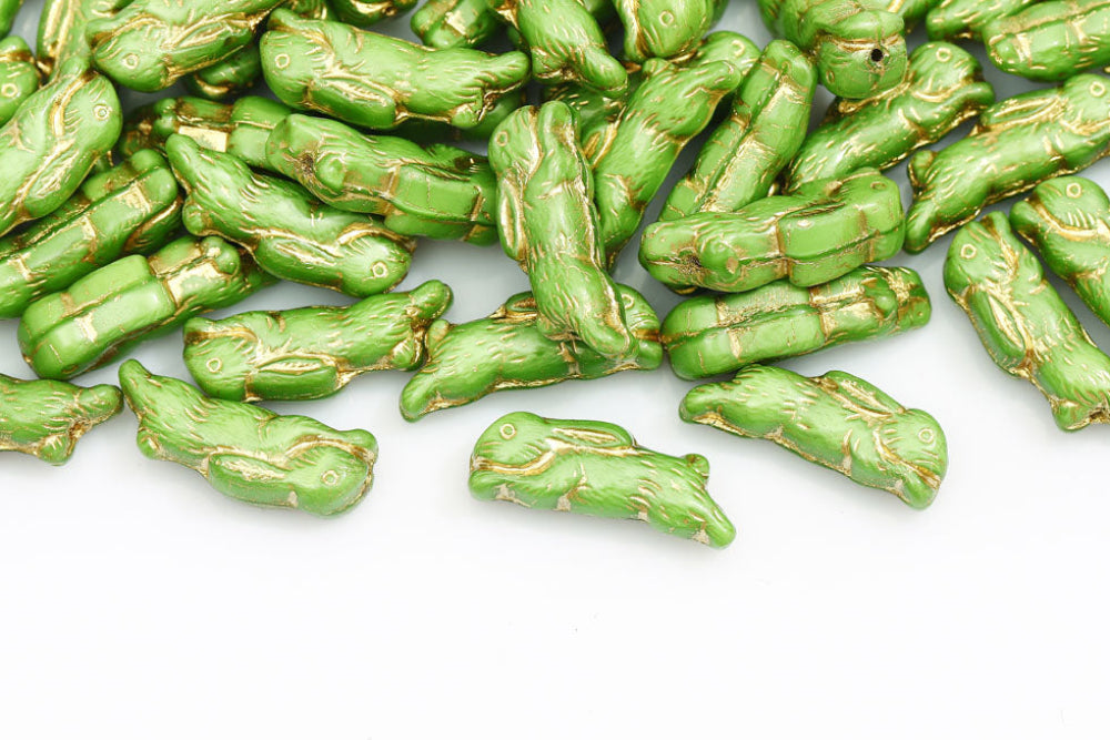 Bunny 23×7mm Silk Green With Gold 1-Hole Czech Beads