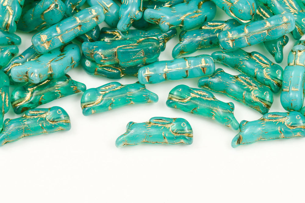 Bunny 23×7mm Opal Blue Green With Gold 1-Hole Czech Beads
