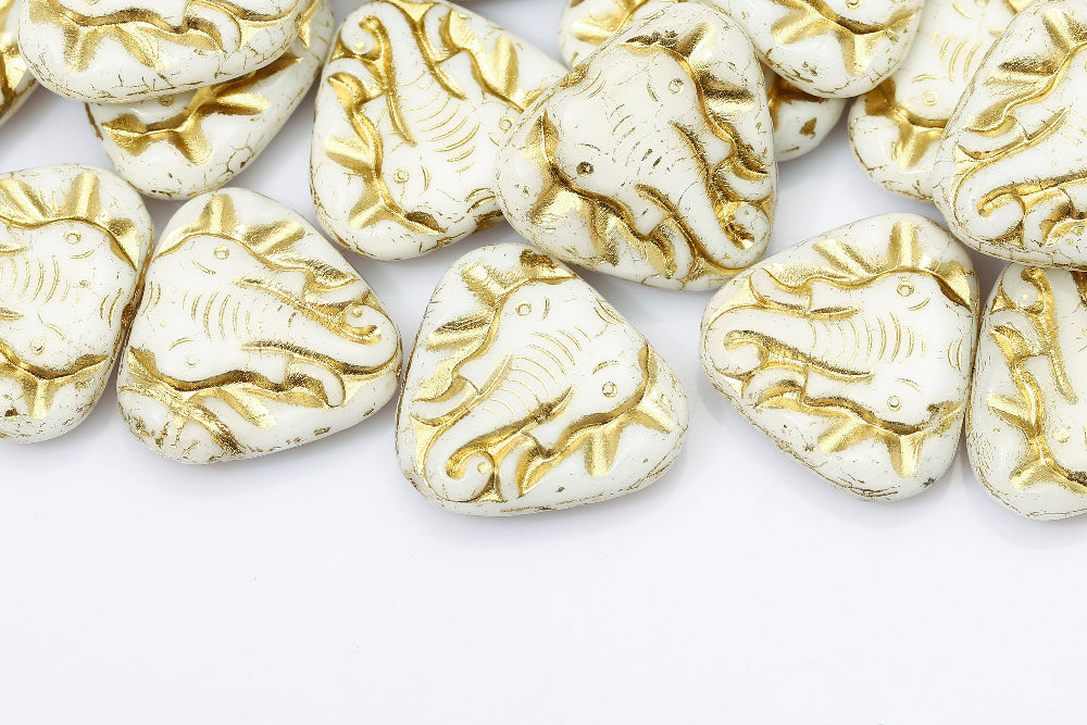 Elephant 19×21mm Alabaster With Gold 1-Hole Czech Beads