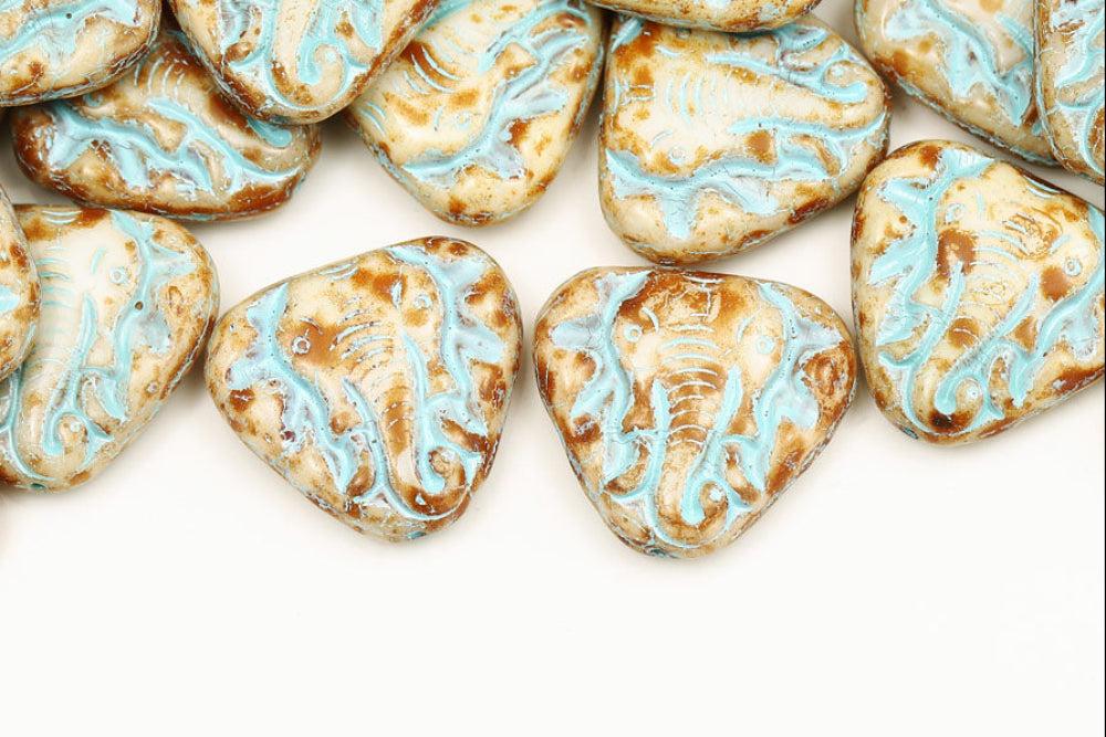 Elephant 19×21mm Alabaster Travertin With Blue 1-Hole Czech Beads