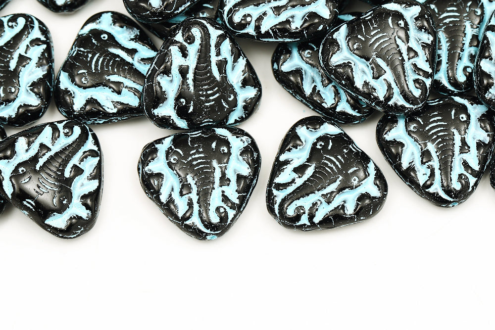 Elephant 19×21mm Jet With Blue 1-Hole Czech Beads