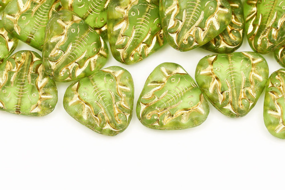 Elephant 19×21mm Olivine With Gold Matt 1-Hole Czech Beads