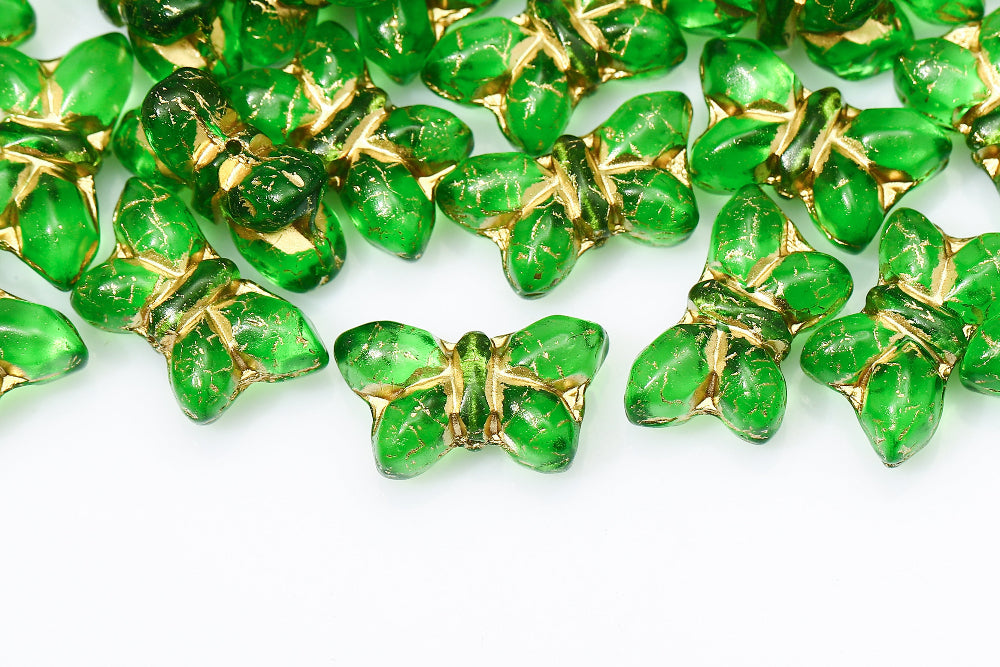 Butterfly 20×12mm Crystal Green With Gold 1-Hole Czech Beads