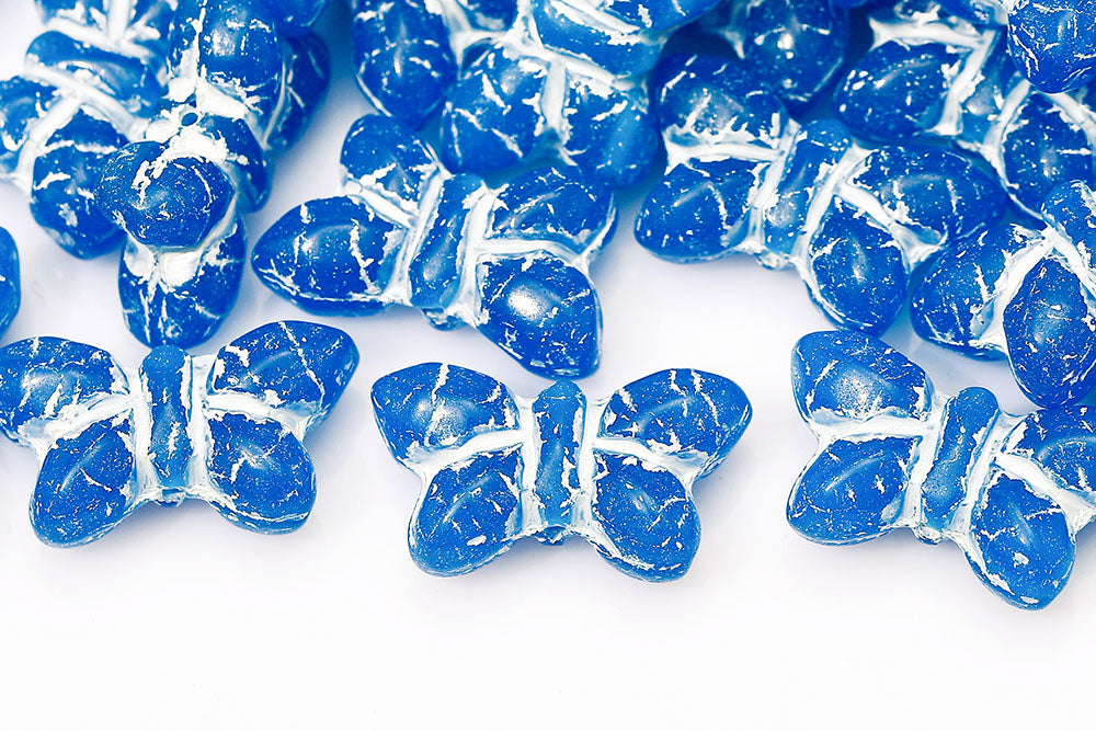 Butterfly 20×12mm Opal Blue With White 1-Hole Czech Beads