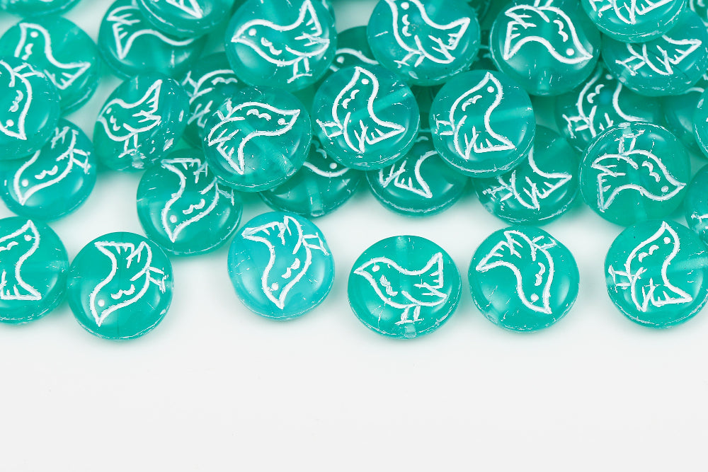 Bird 11mm Opal Blue Green With White 1-Hole Czech Beads