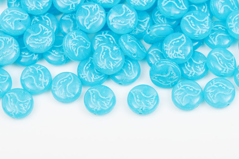 Bird 11mm Opal Drak Aqua With Blue 1-Hole Czech Beads