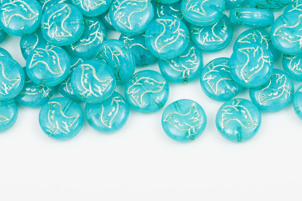 Bird 11mm Opal Drak Aqua With Metallic Green 1-Hole Czech Beads