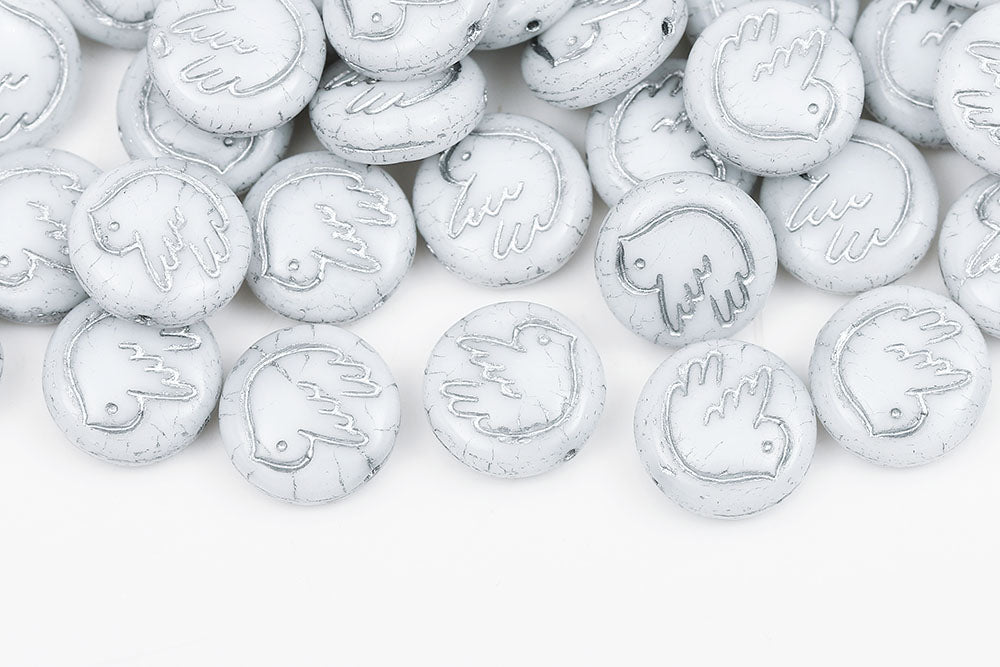 Dove 14mm White With Silver 1-Hole Czech Beads