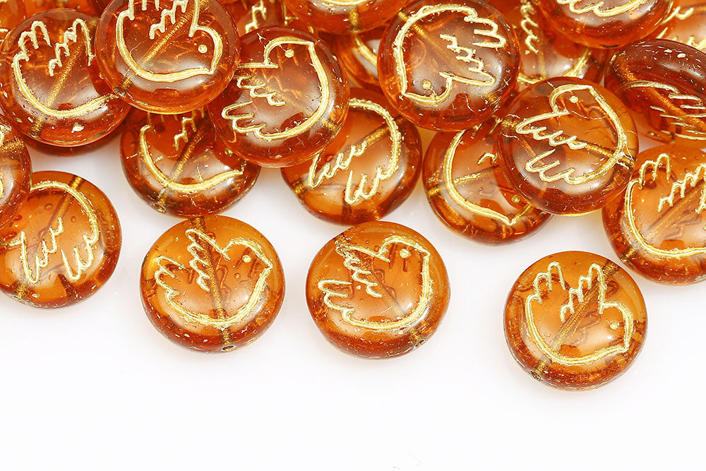 Dove 14mm Topaz With Gold 1-Hole Czech Beads