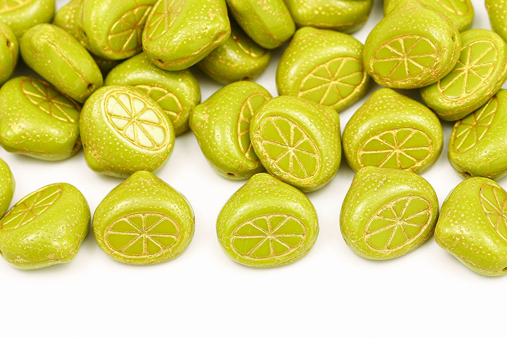Half Lemon 15mm Opaque Olivine With Gold 1-Hole Czech Beads