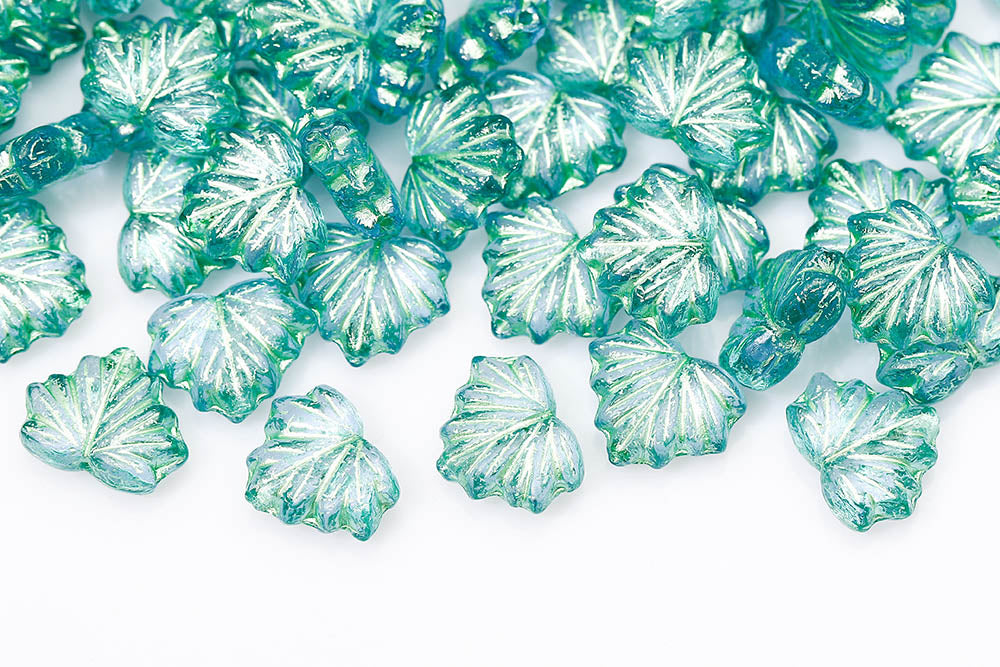 Maple Leaves 13×11mm Sapphire With Green 1-Hole Czech Beads