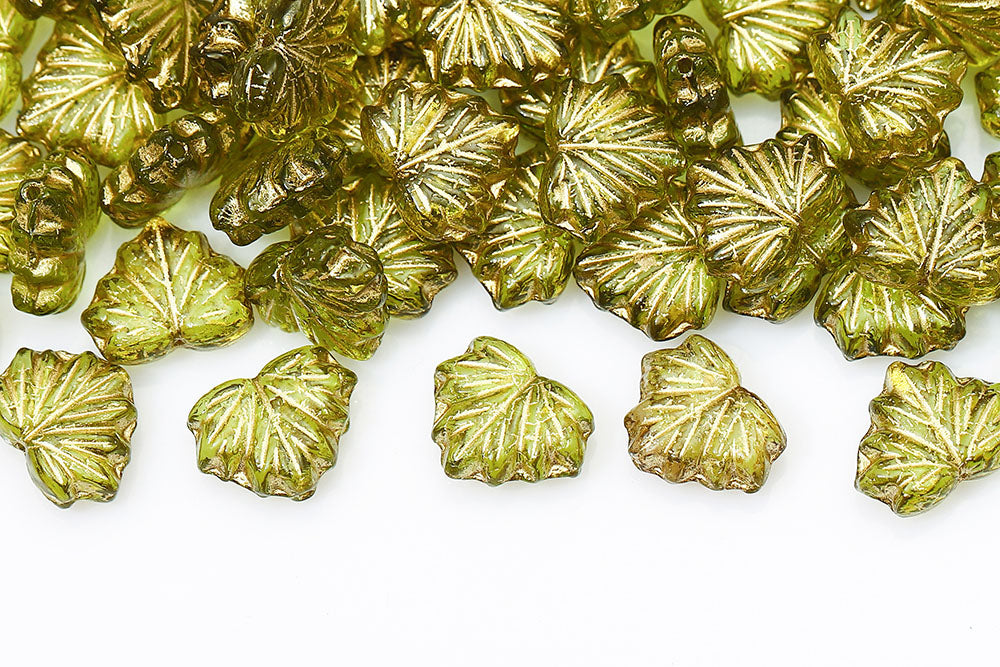 Maple Leaves 13×11mm Olivine With Gold 1-Hole Czech Beads
