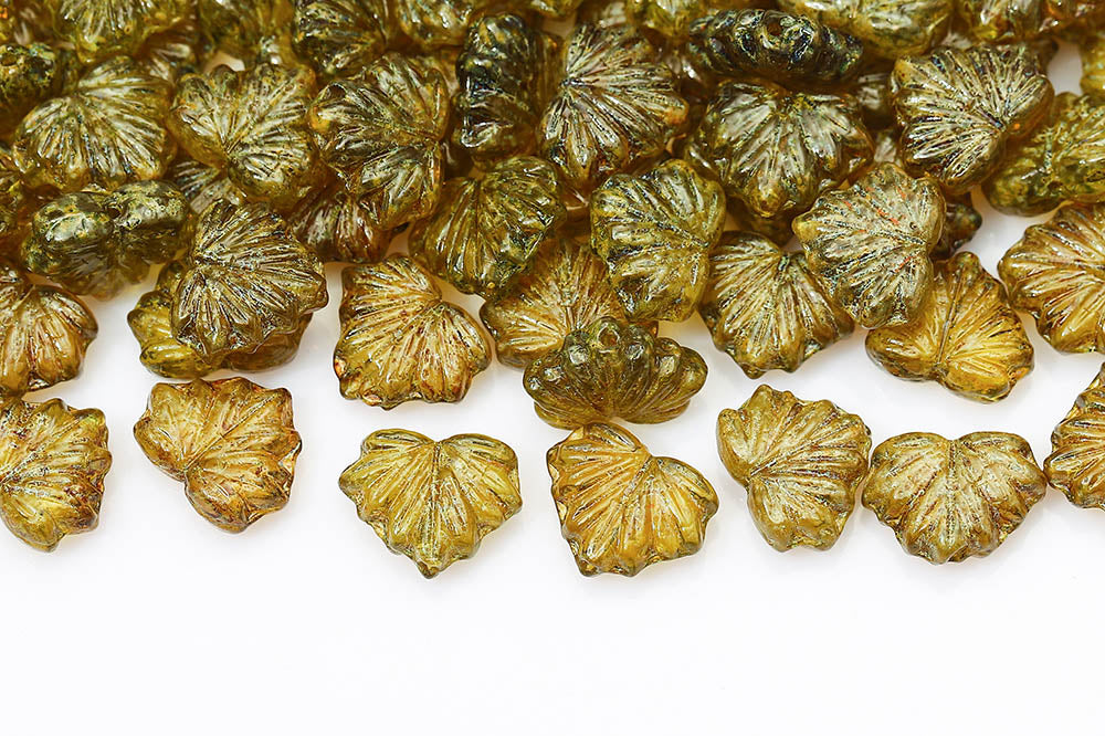 Maple Leaves 13×11mm Olivine Travertin 1-Hole Czech Beads