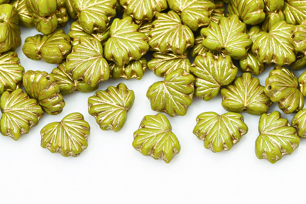 Maple Leaves 13×11mm Opaque Olivine With Gold 1-Hole Czech Beads