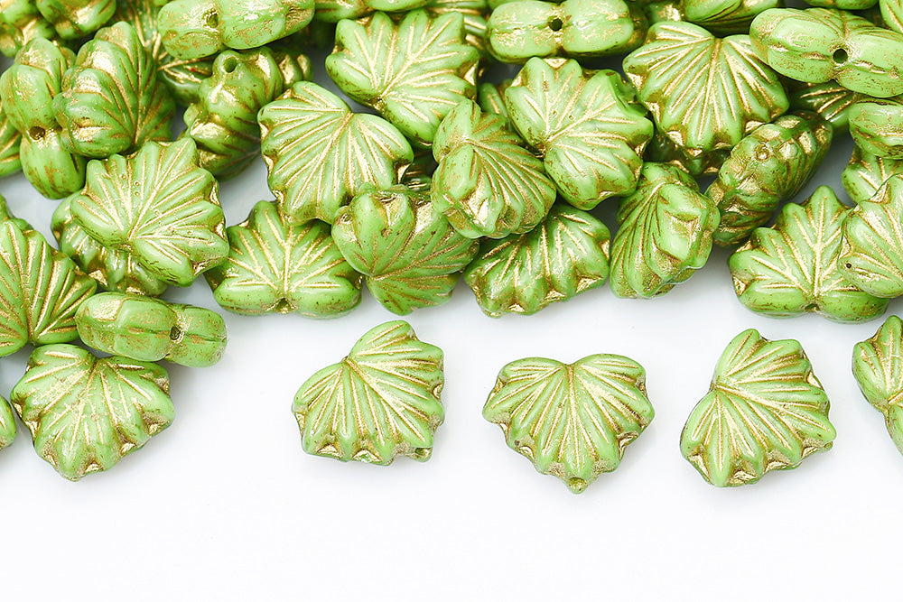 Maple Leaves 13×11mm Silk Green With Gold 1-Hole Czech Beads