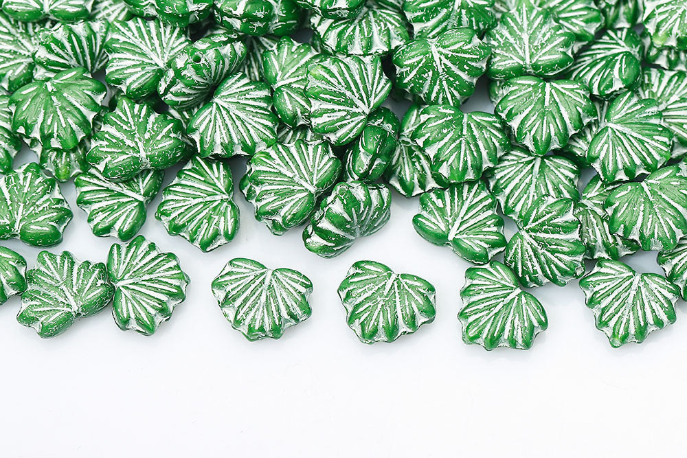 Maple Leaves 13×11mm Silk Dark Green With White 1-Hole Czech Beads