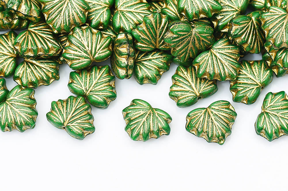 Maple Leaves 13×11mm Silk Dark Green With Gold 1-Hole Czech Beads