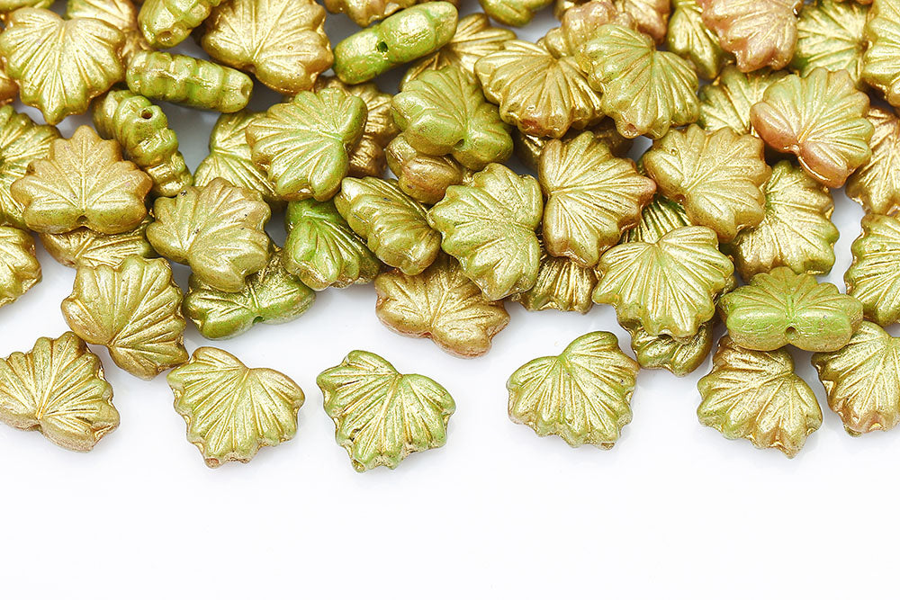 Maple Leaves 13×11mm Pink Green Mixed Gold Powder Finish 1-Hole Czech Beads