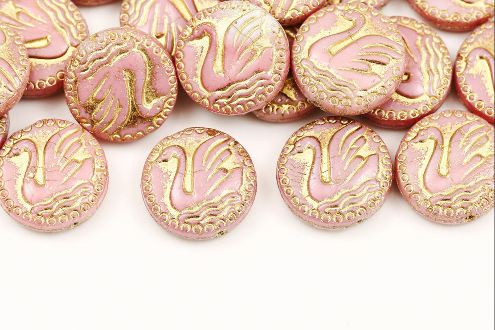 Swan 18mm Milk Pink With Gold 1-Hole Czech Beads