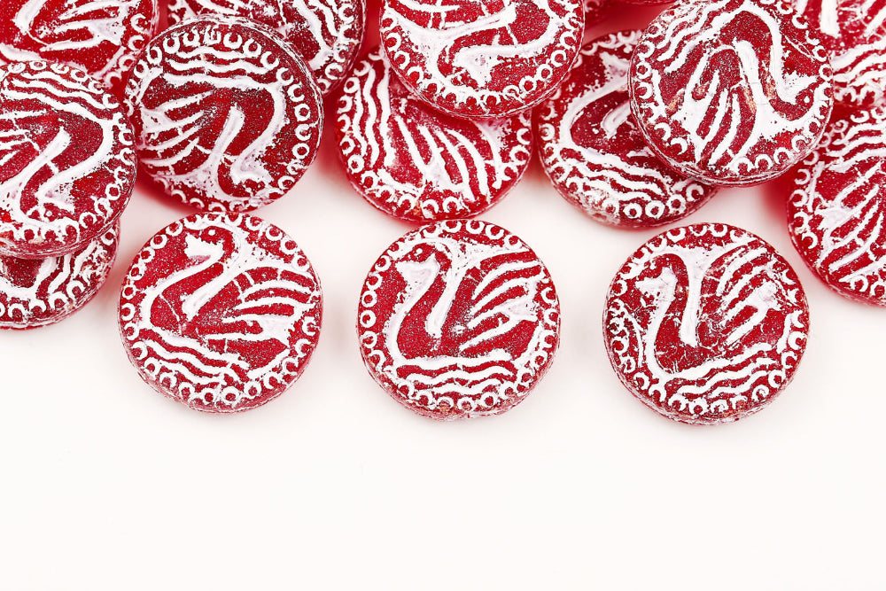 Swan 18mm Ruby With White Matt 1-Hole Czech Beads