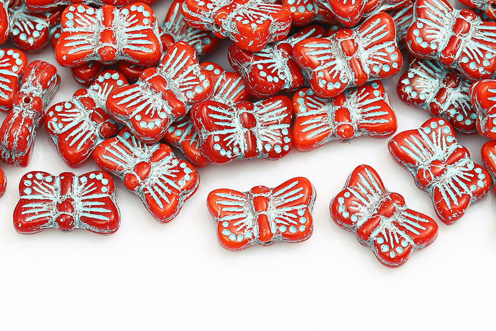 Butterfly 18×11mm Opaque Red With Blue 1-Hole Czech Beads