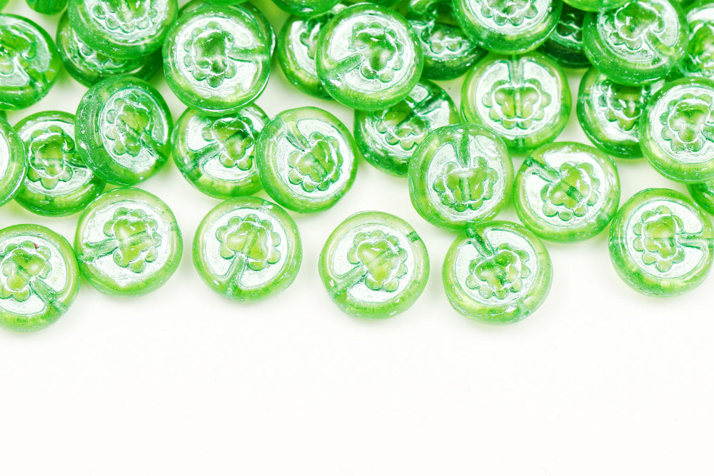 Lucky Tree 14mm Olivine With Metallic Green 1-hole Czech Beads
