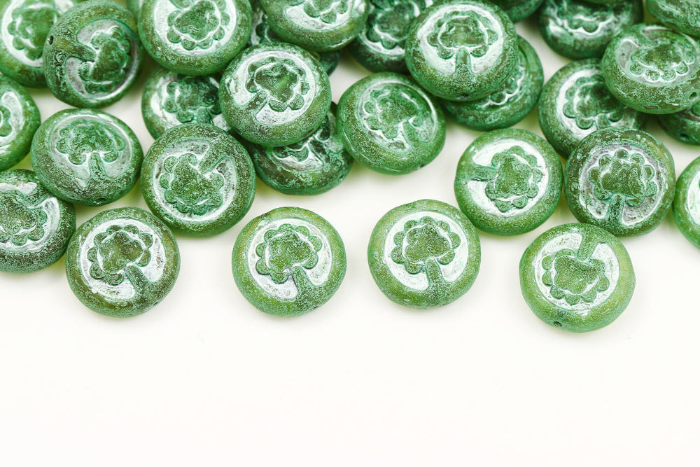 Lucky Tree 14mm Olivine Travertin With Metallic Green 1-hole Czech Beads