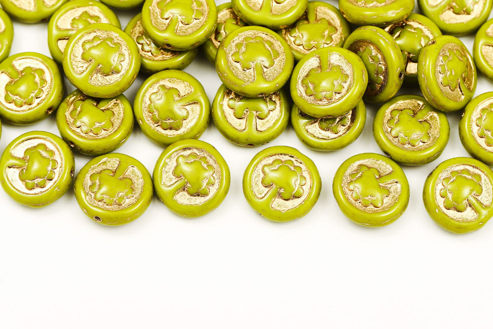 Lucky Tree 14mm Opaque Olivine With Gold 1-hole Czech Beads