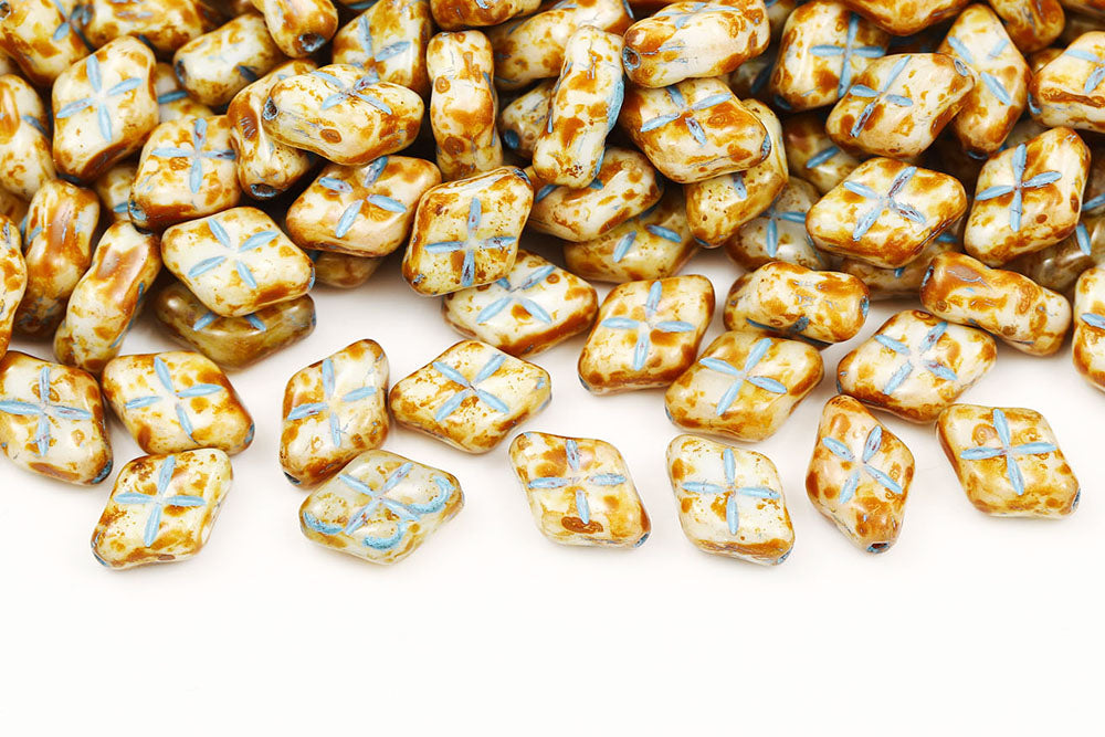 Waffles 12×8mm Chalk Travertin With Blue 1-hole Czech Beads