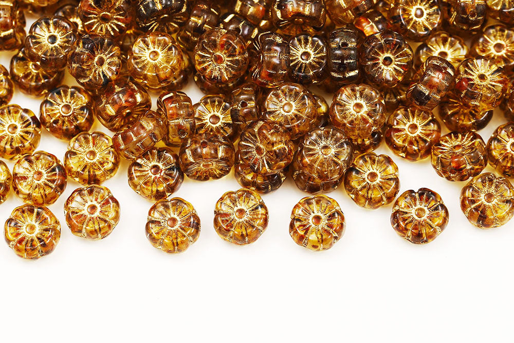 Hawaiian Flowers 8mm Crystal Travertine Gold 1-Hole Czech Beads