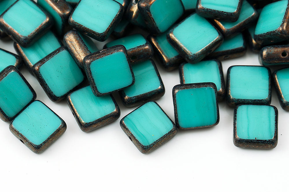 Flat Squared 10×10mm Turquoise Green Violet Luster 1-Hole Czech Beads