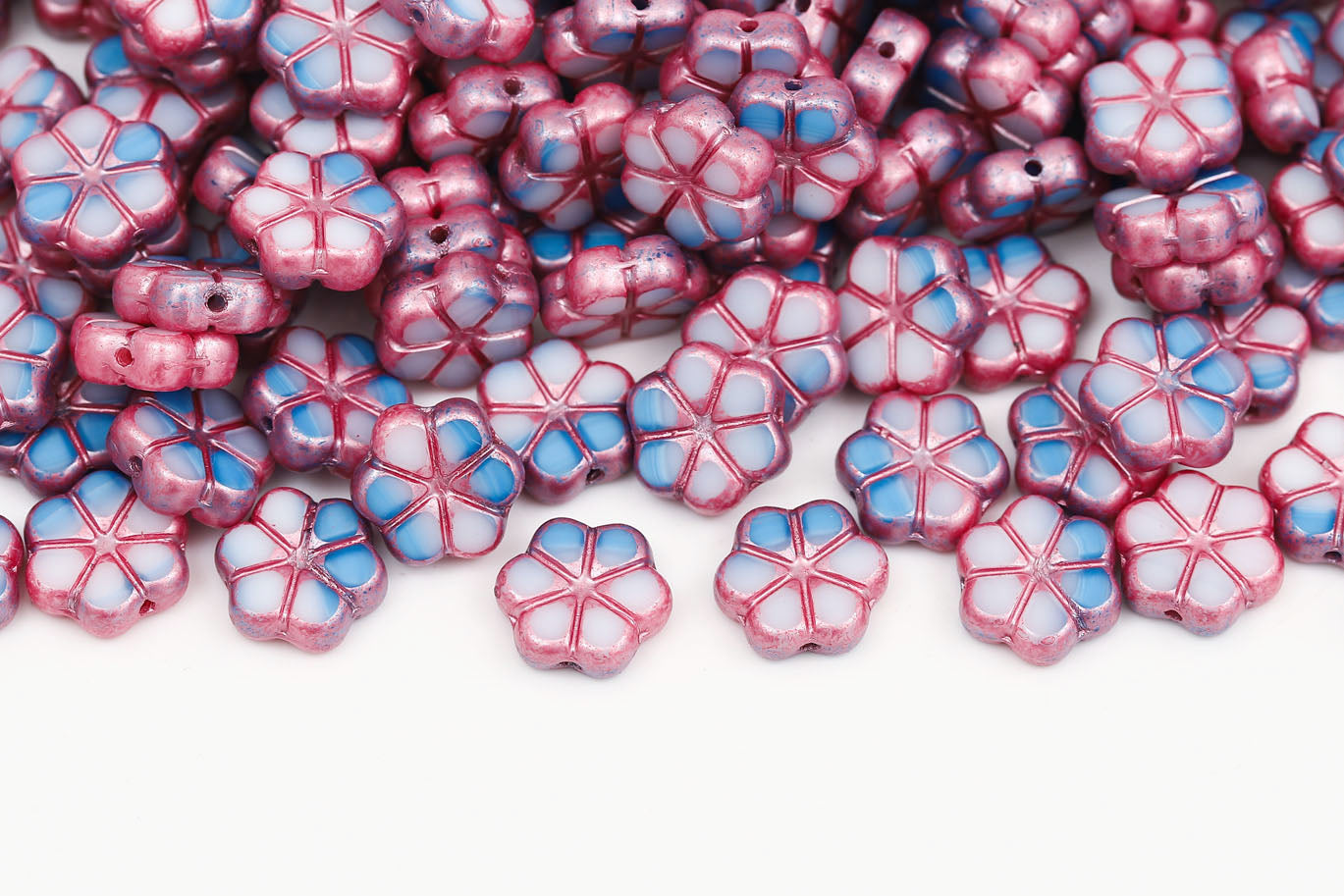 Flowers 10mm Chalk Blue Mixed Pink Finish 1-Hole Czech Beads