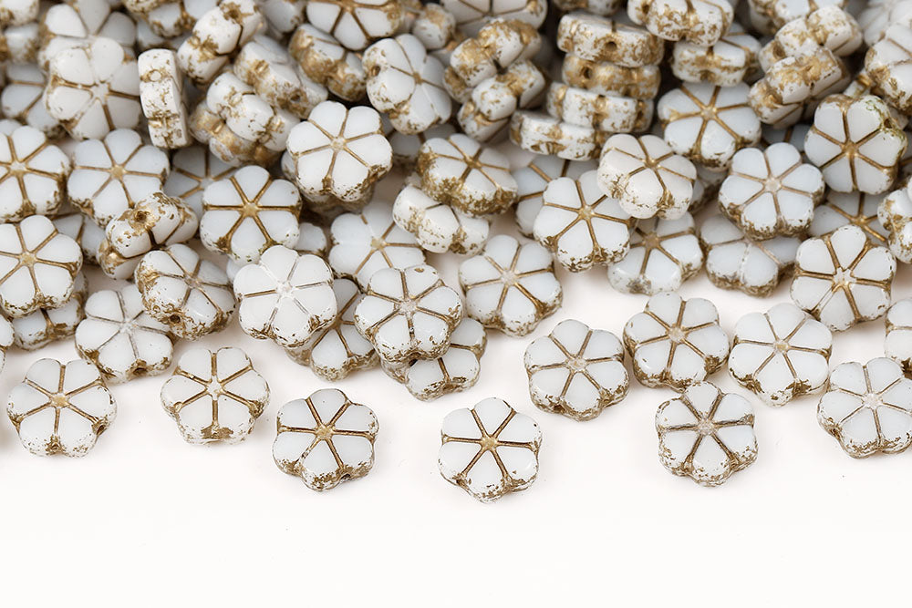 Flowers 10mm Chalk Gold Finish 1-Hole Czech Beads