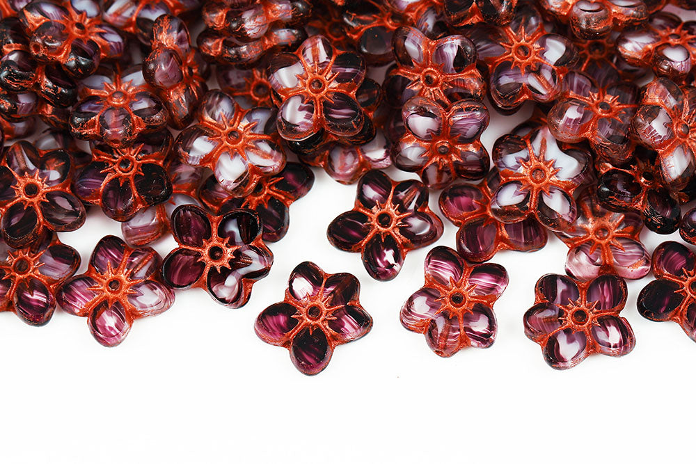 Flowers 14×12mm Crystal Purple Stripes With Copper 1-Hole Czech Beads