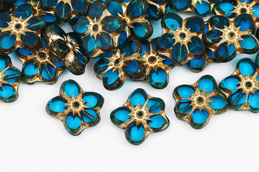Flowers 14×12mm Dark Aqua With Gold 1-Hole Czech Beads