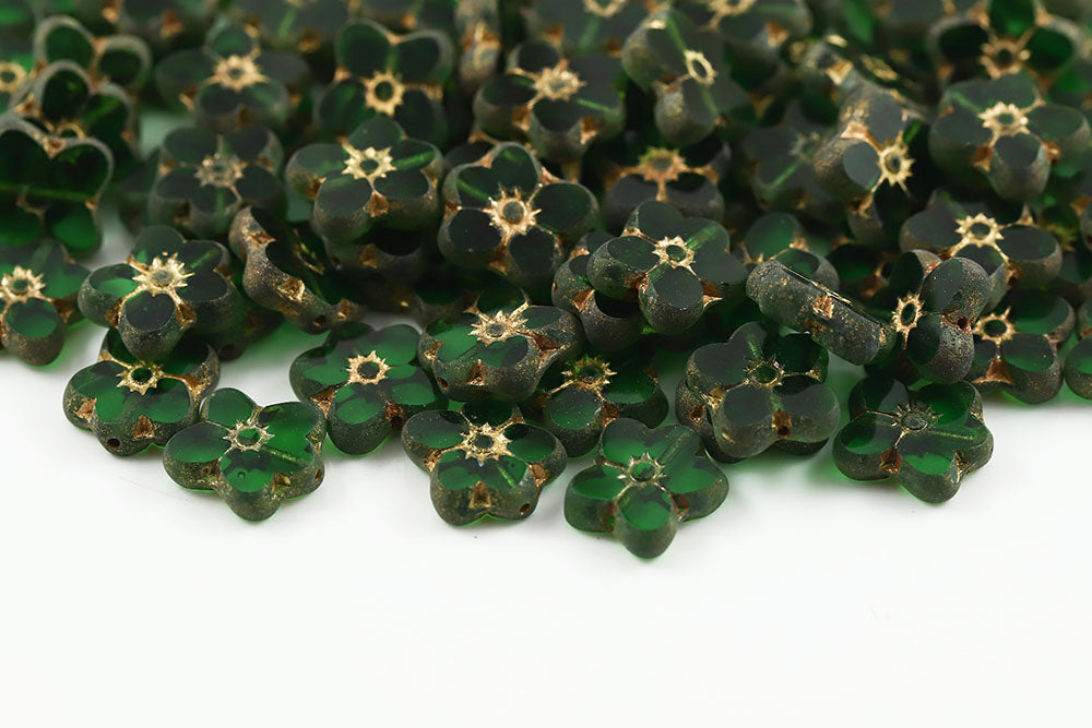 Flowers 14×12mm Green Travertin With Gold 1-Hole Czech Beads