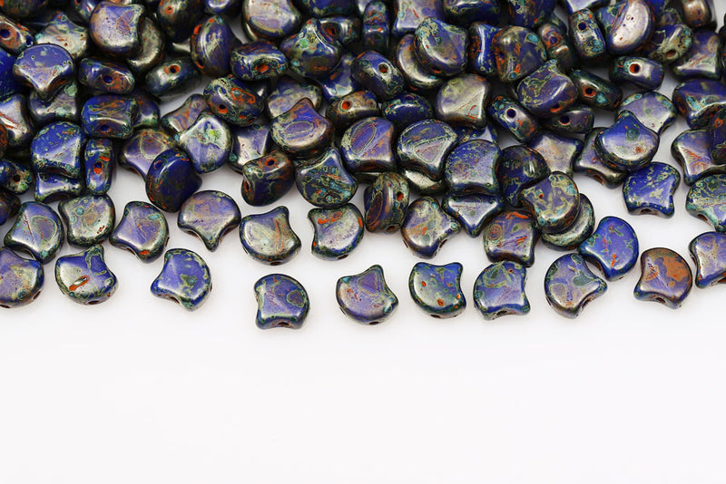 Ginko 7.5×7.5mm Opaque Blue Travertin Dark 2-Hole Czech Beads