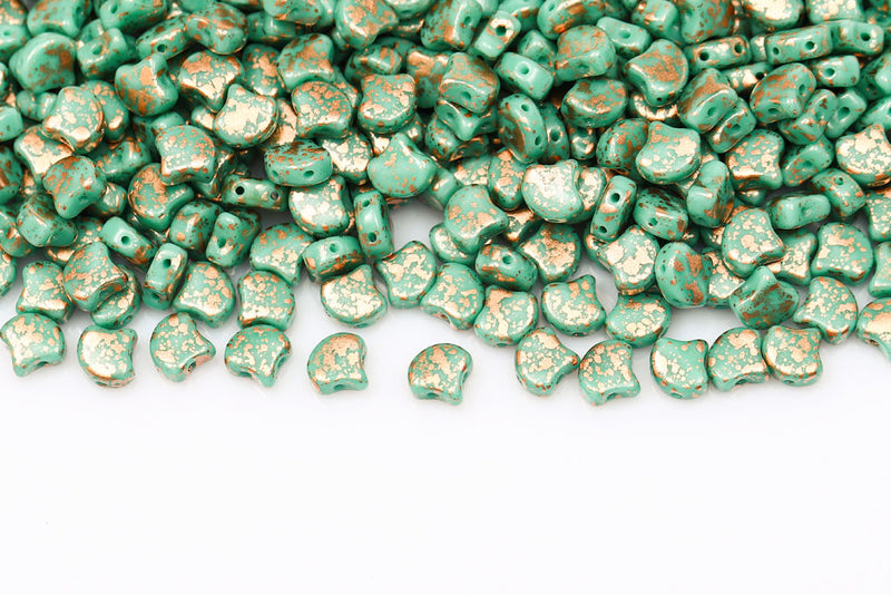 Ginko 7.5×7.5mm Copper Splash Turquoise Green 2-Hole Czech Beads